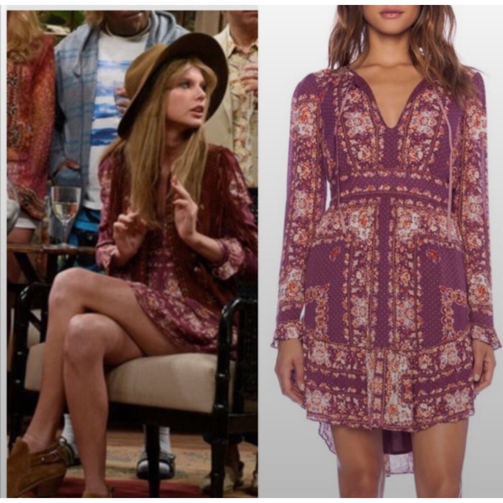 Free People Bridgette Dress M Berry Boho Mini Long Sleeve Floral Festival Flowy